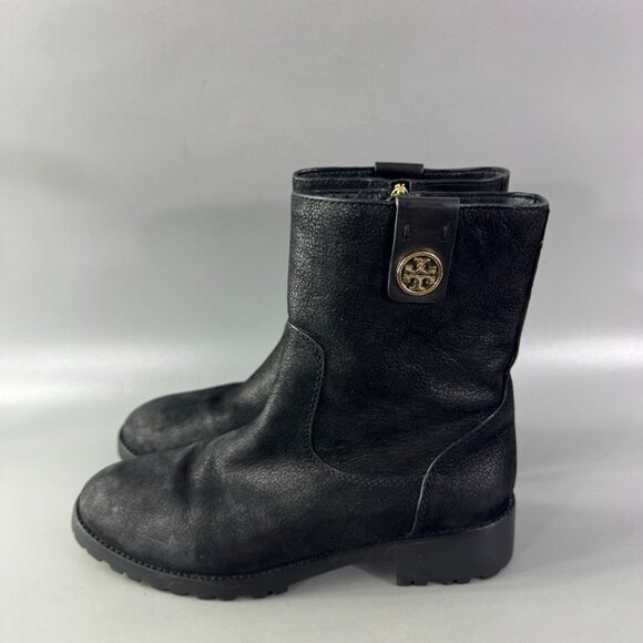 Tory Burch Oakridge Boots Black Pebbled Leather Ankle Booties, Size 8 - Picture 6 of 12